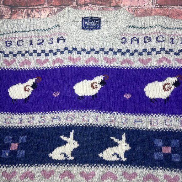 Vintage Womens Farm Cottage Core Sweater Wool Blend Rabbits Sheep 90s - Picture 3 of 8